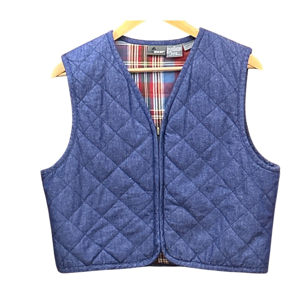 90s Lizwear Quilted Denim Vest Cabin Core Americana Blue Plaid Lined Medium
